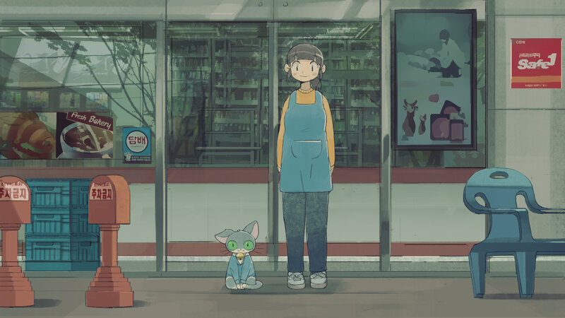 Girl and Cat Outside Store