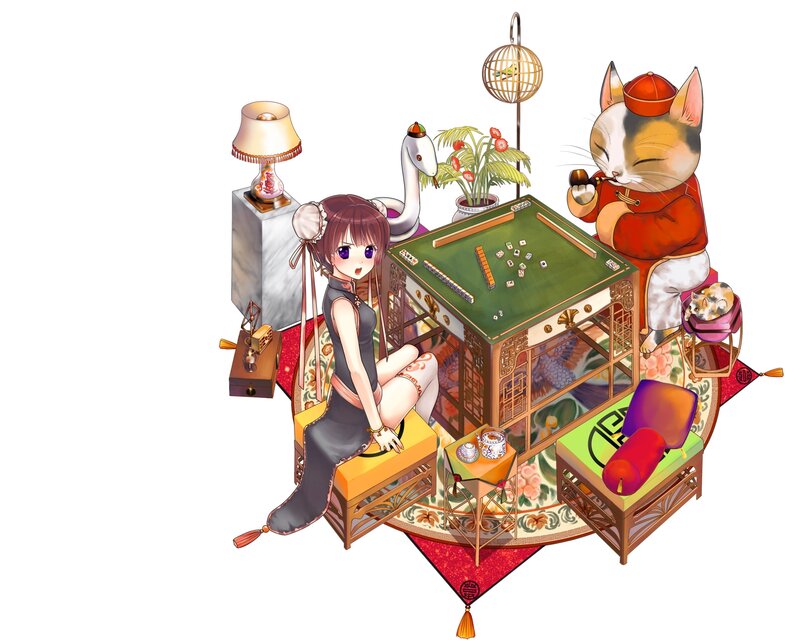 Girl and Cat Playing Mahjong