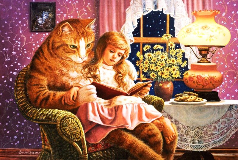 Girl and Cat Reading
