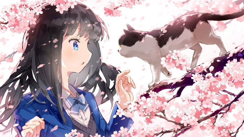 Girl and Cat under Cherry Blossoms