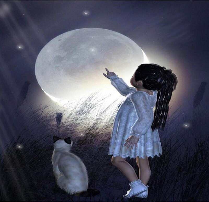 Girl and Cat under Moon