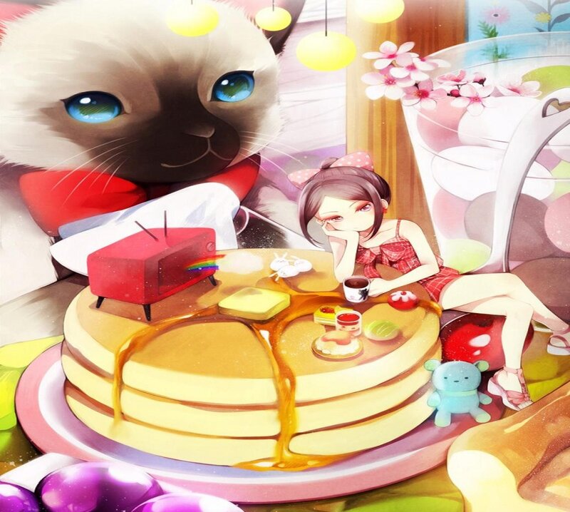 Girl and Cat with Pancakes
