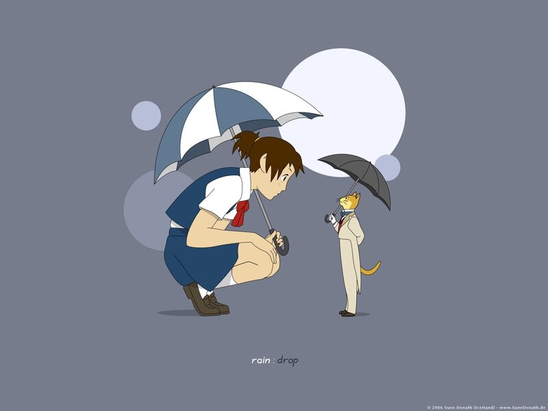 Girl and cat with umbrellas