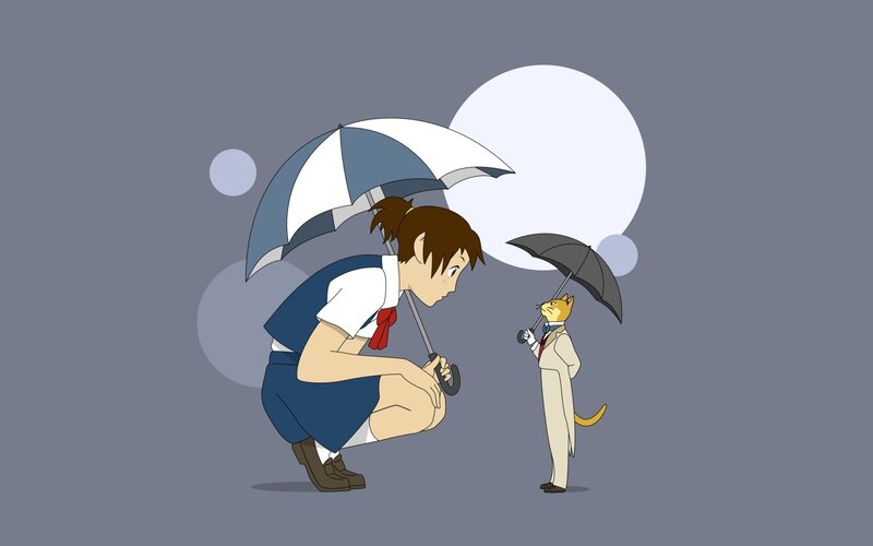 Girl and cat with umbrellas