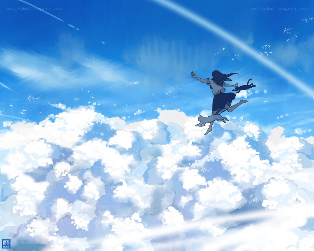 girl and cats flying through clouds