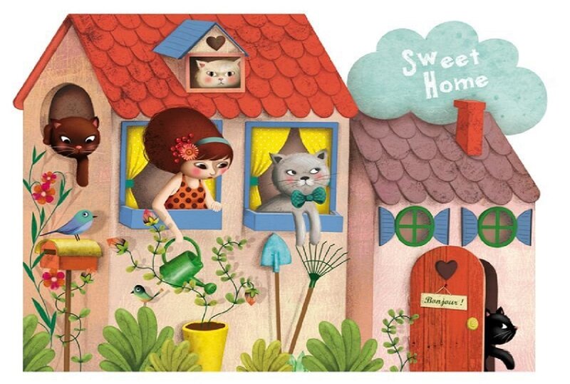 Girl and Cats in House