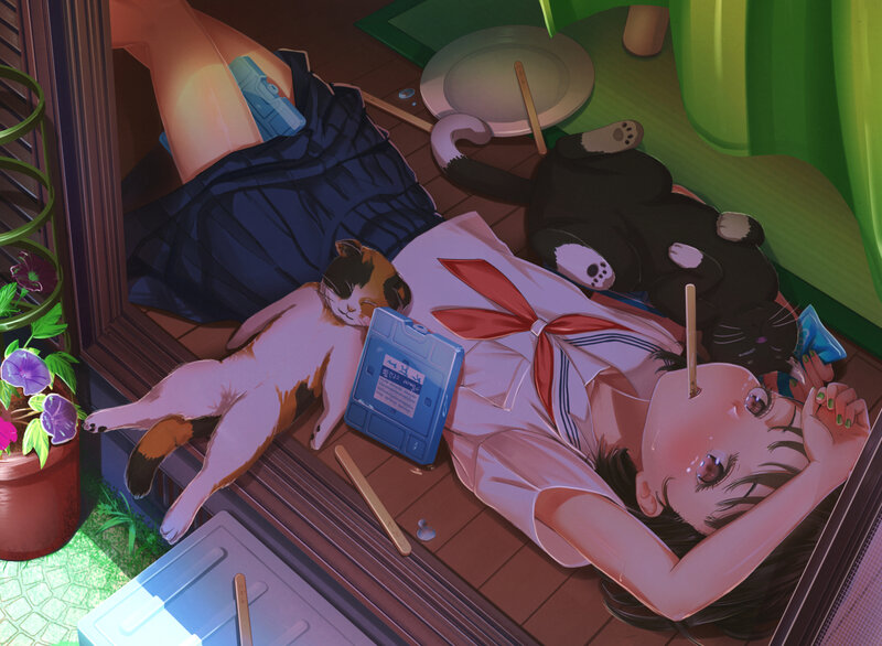 Girl and Cats Sleeping
