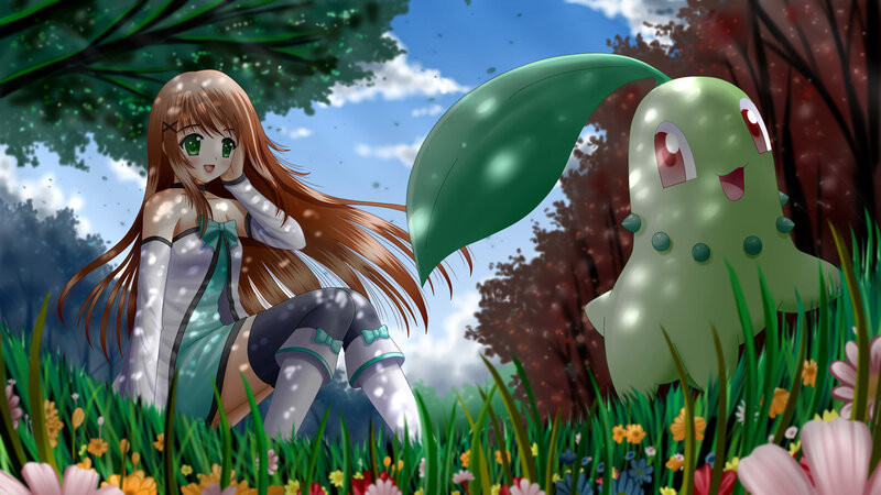 Girl and Chikorita in Field
