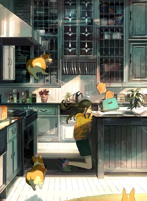 Girl and Corgi in Kitchen