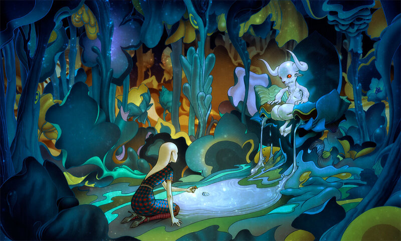 girl and creature in a dreamy forest