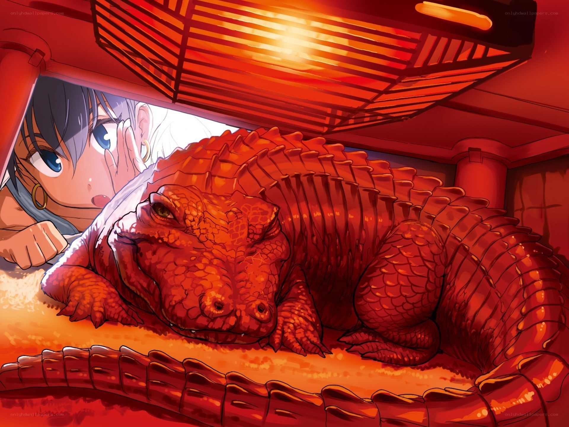 girl and crocodile under heat lamp