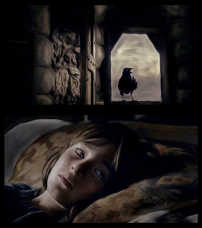 girl and crow in a stone room