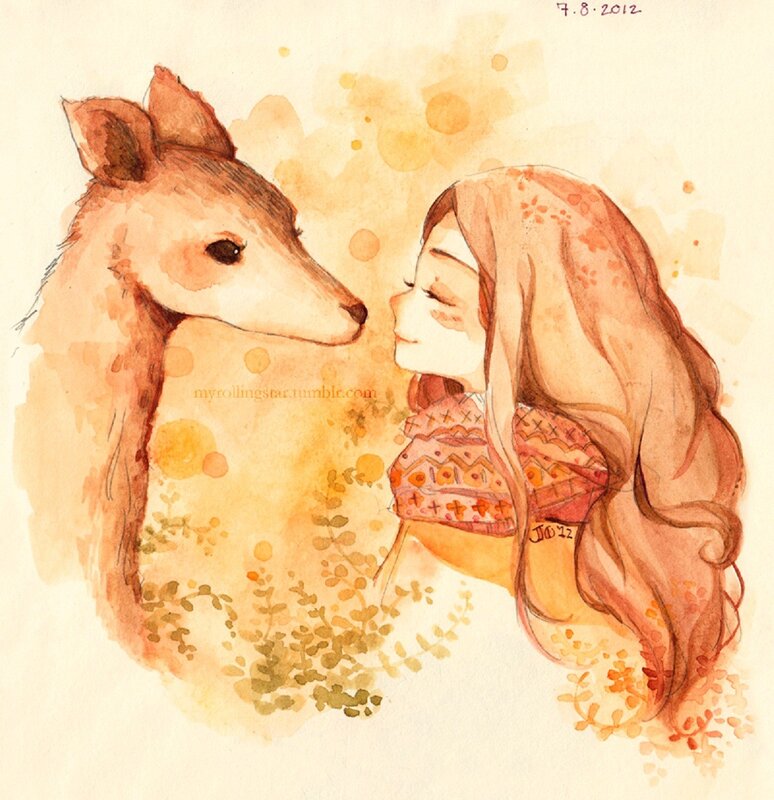 girl and deer in autumn