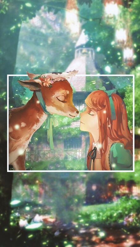 Girl and Deer in Forest — Green, Serene, Night, Digital Art
