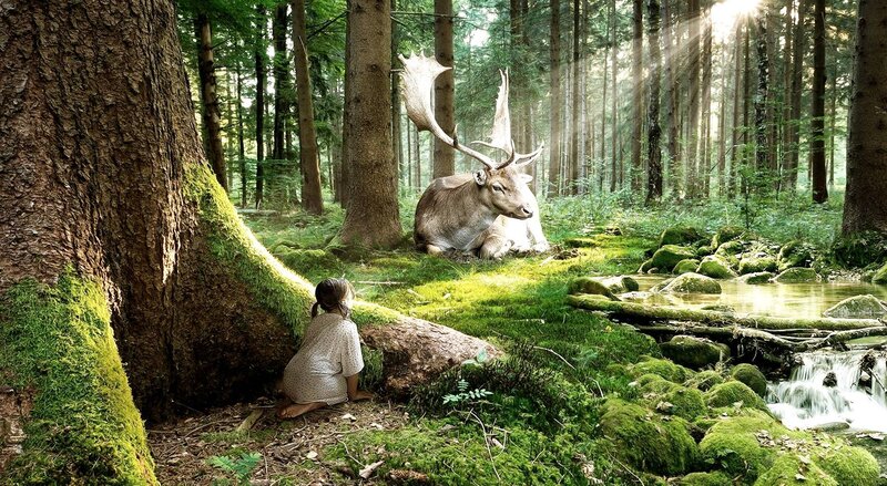 Girl and Deer in Forest — Green, Serene
