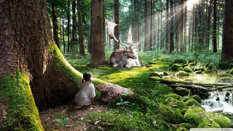 Girl and Deer in Forest — Green