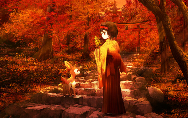 Girl and Deer in Forest — Red