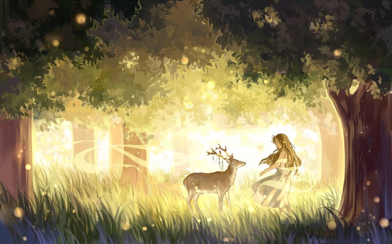 Girl and Deer in Forest — Yellow, Serene