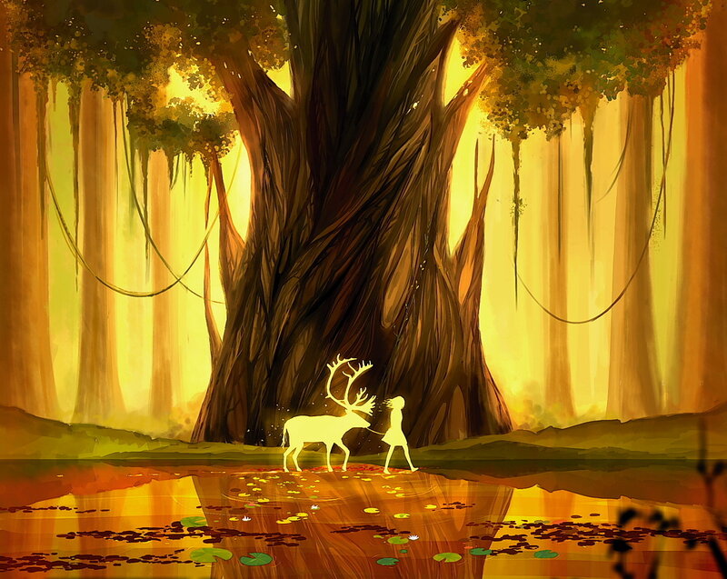 Girl and Deer in Forest — Yellow