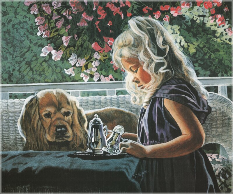 Girl and dog at tea table