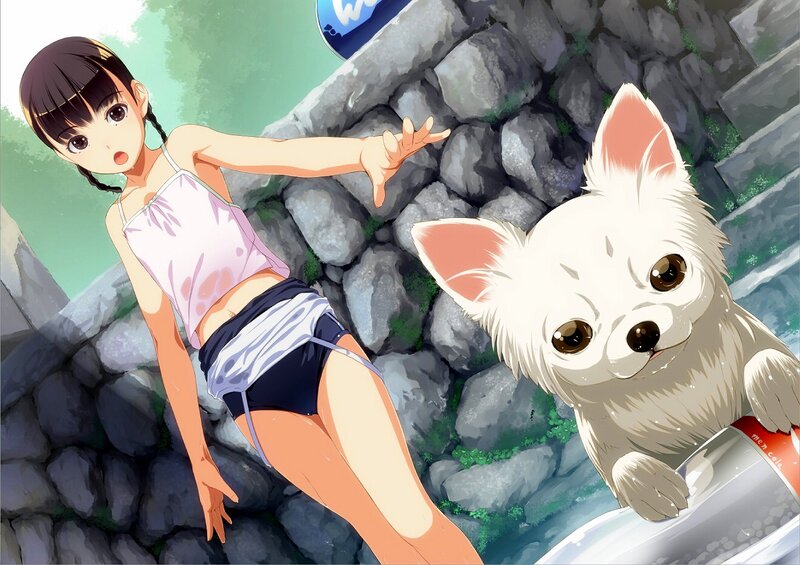 Girl and dog by a stone wall