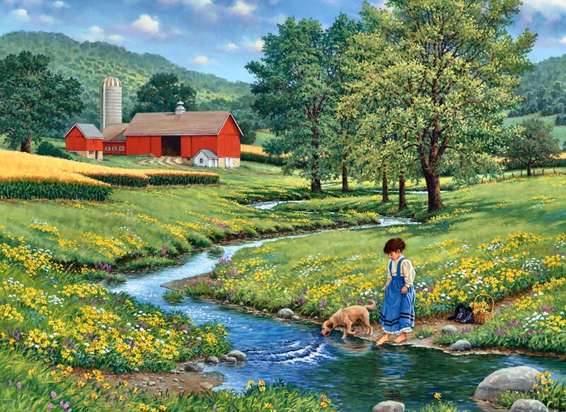 Girl and Dog by Stream — Green