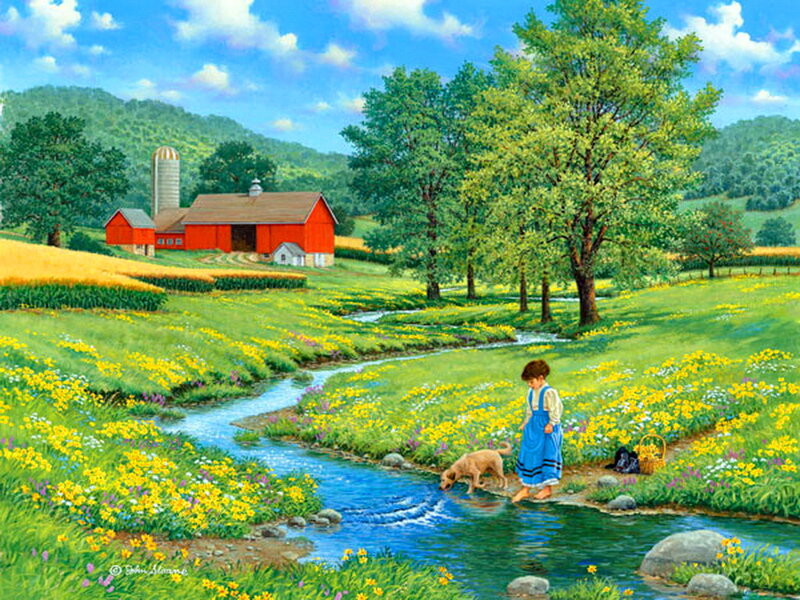 Girl and Dog by Stream