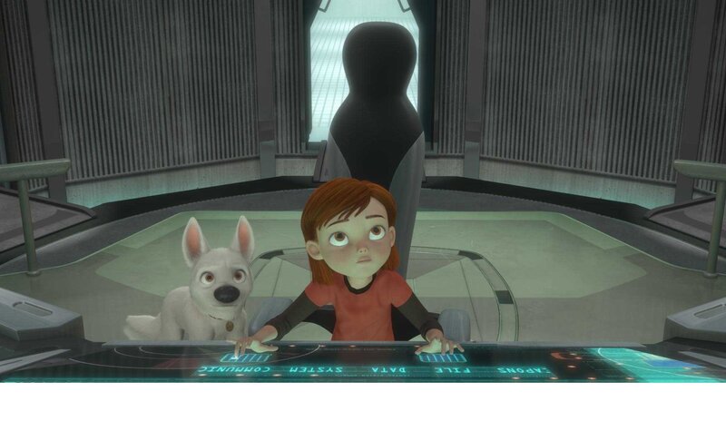 girl and dog in control room