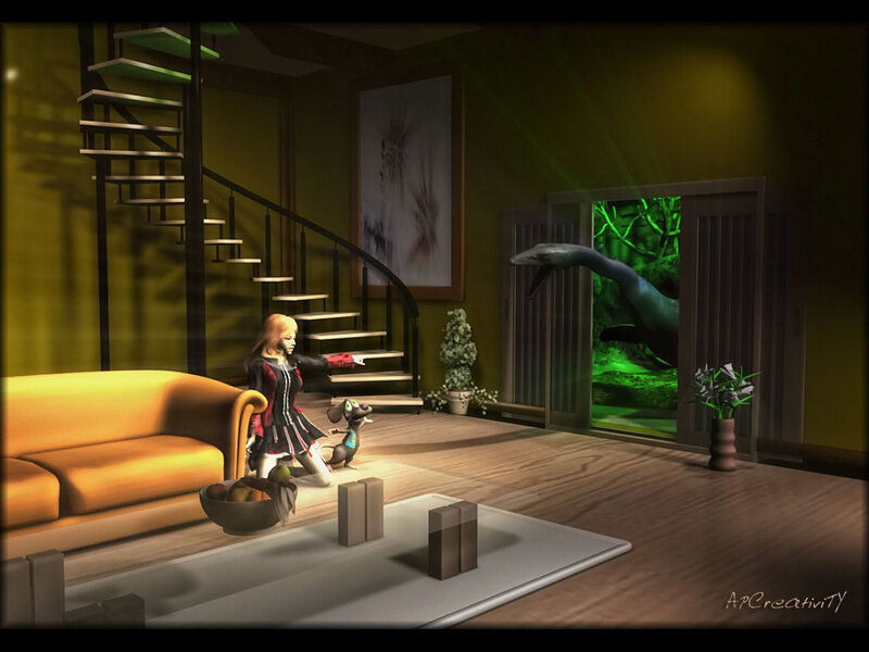 Girl and dog in living room with monster