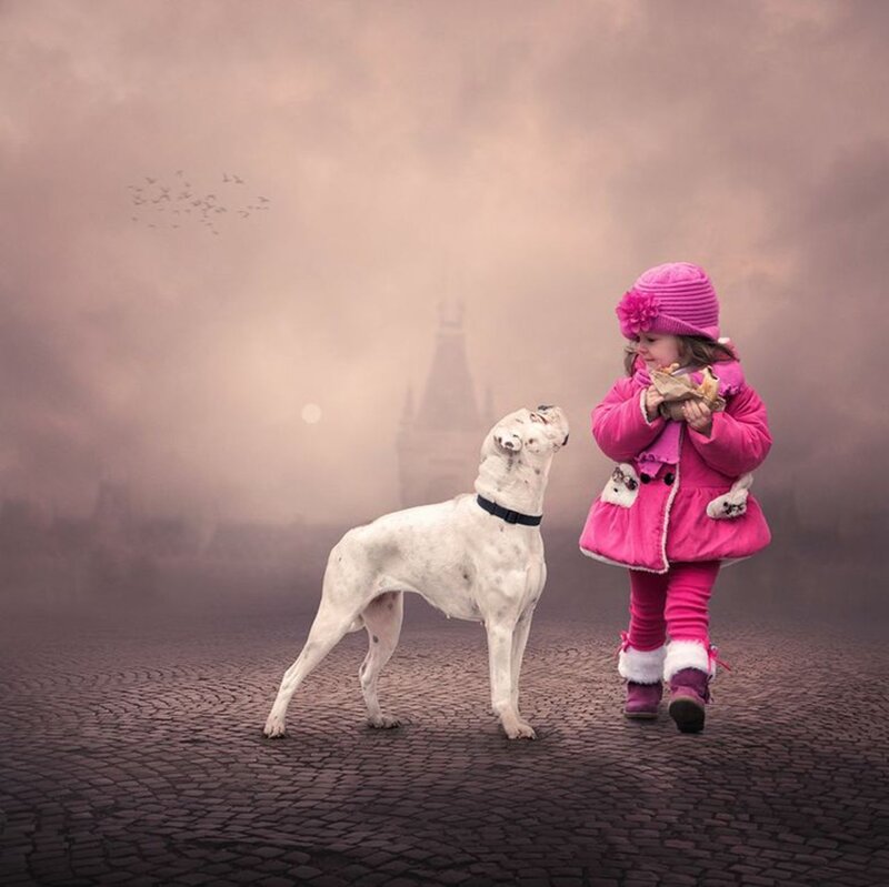 Girl and Dog in Pink