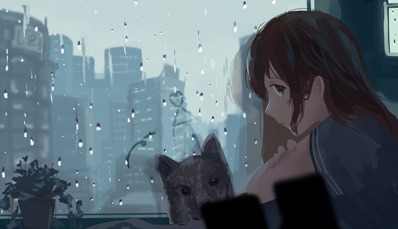 Girl and Dog in Rain — Blue