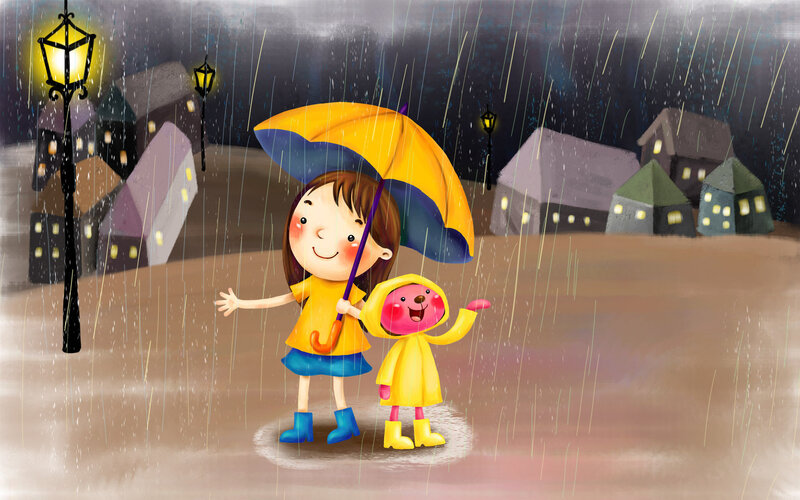 Girl and Dog in Rain — Yellow