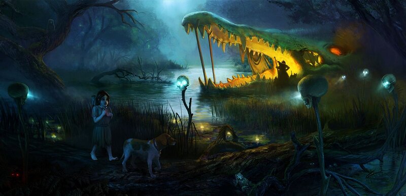 Girl and Dog in Swamp