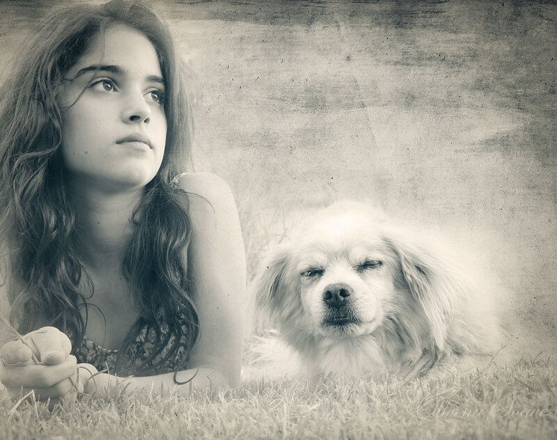 Girl and Dog on Grass