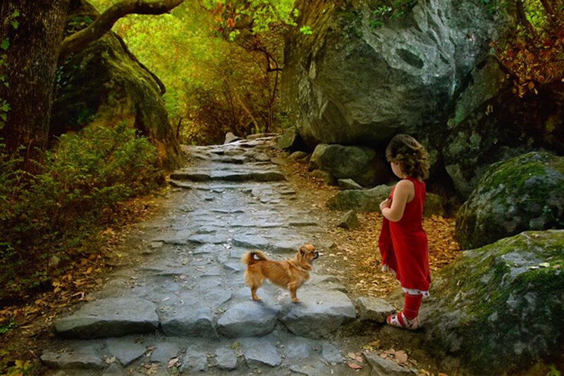Girl and Dog on Path — Red