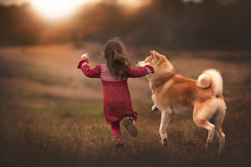 Girl and Dog Running — Red