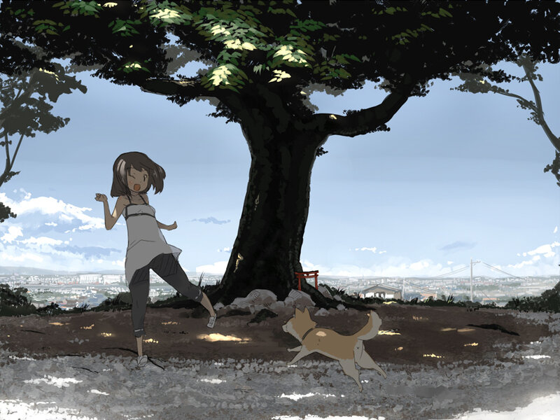 Girl and Dog under Tree
