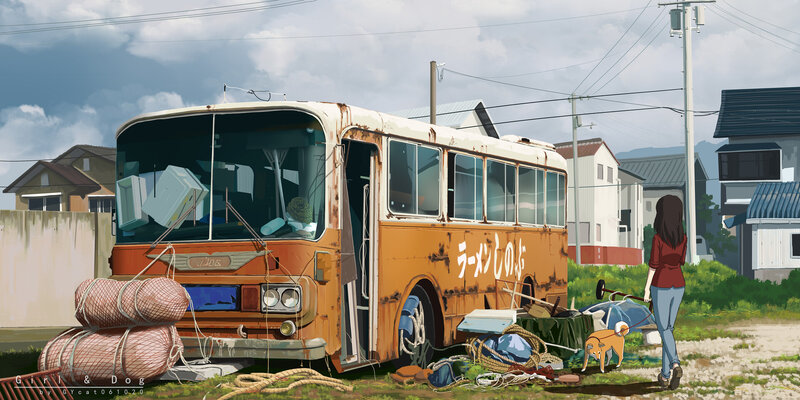 Girl and Dog with Bus