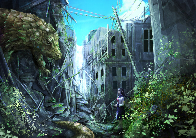 Girl and Dragon in Ruins