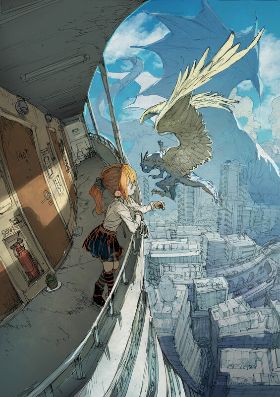 Girl and Dragon on Balcony