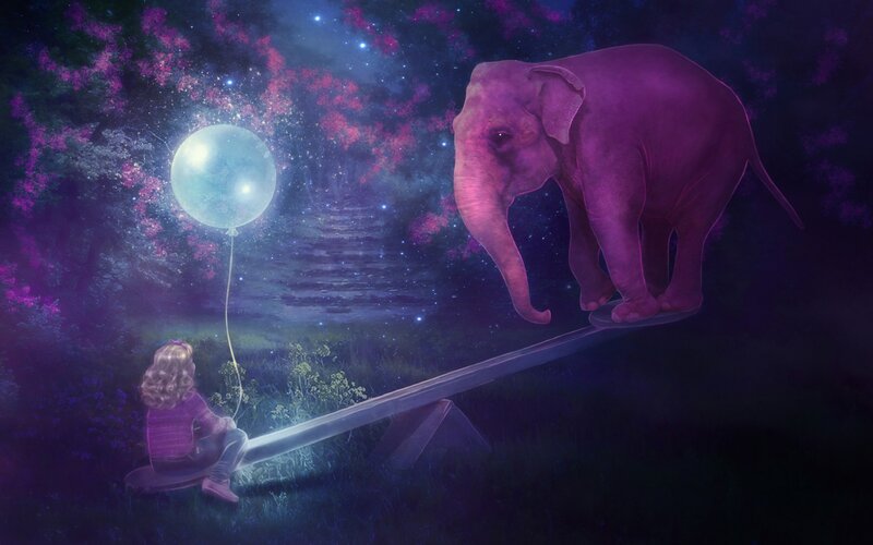 Girl and Elephant on Seesaw