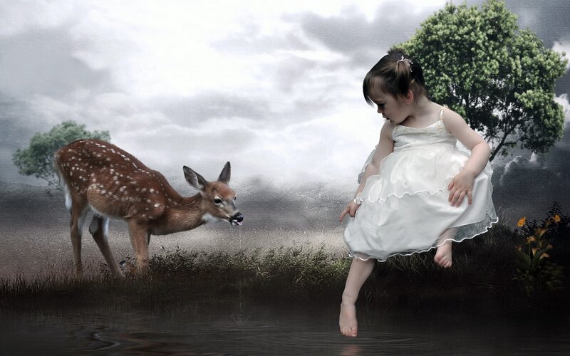 Girl and Fawn — White, Serene