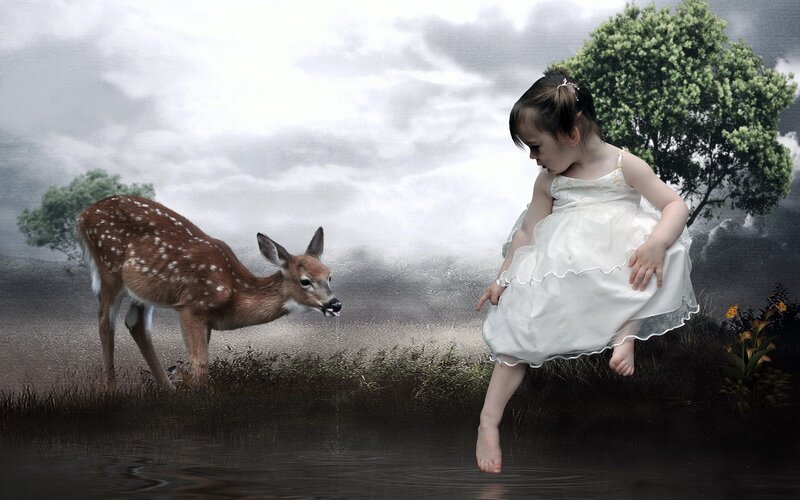 Girl and Fawn — White