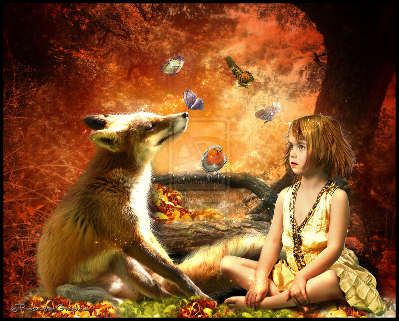 Girl and Fox in Forest