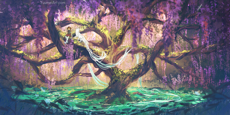 Girl and Fox on Tree