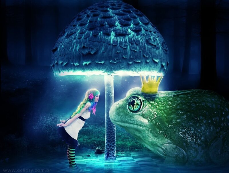 Girl and Frog under Mushroom