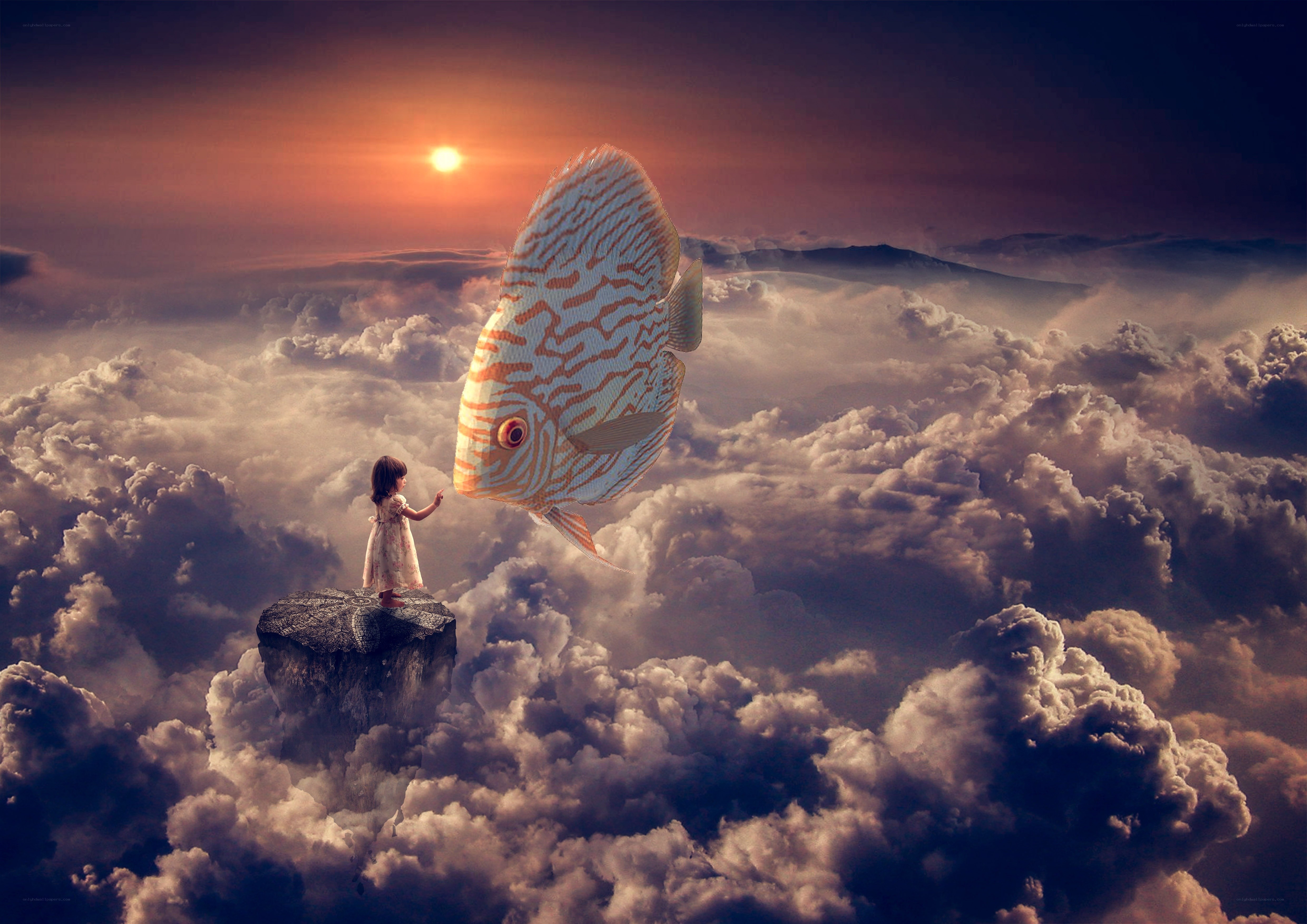 Girl and giant fish in clouds