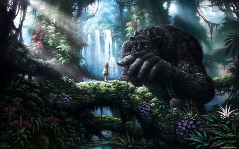 Girl and giant in jungle