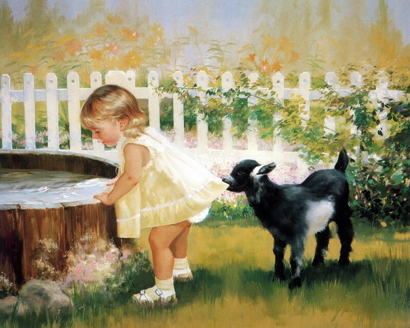 Girl and goat in garden