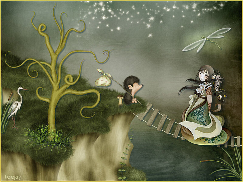 Girl and hedgehog on a bridge